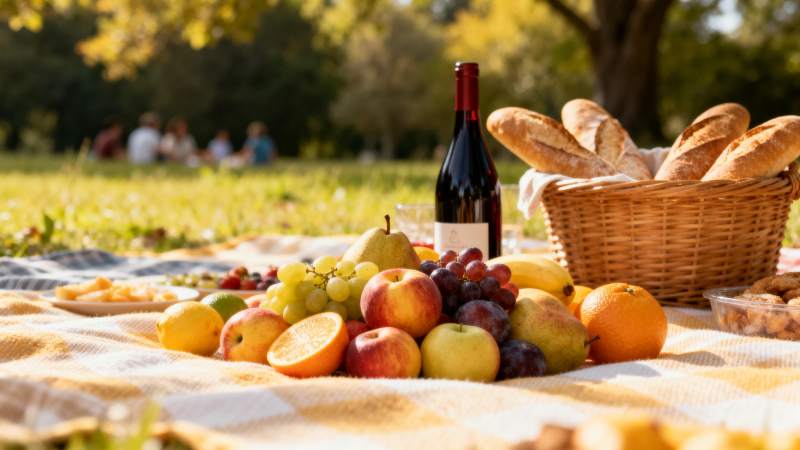 秋日野餐果篮酒香图片