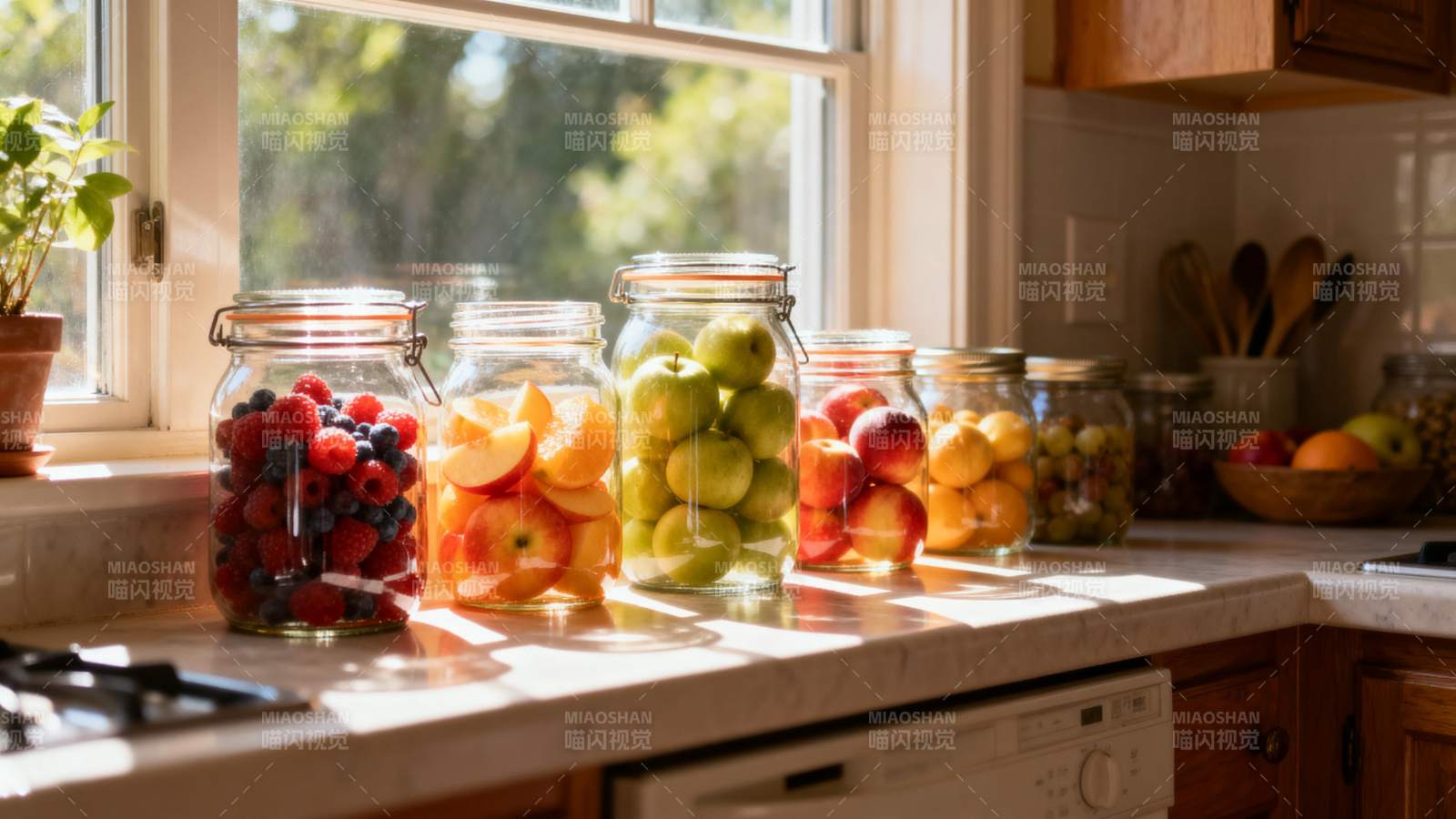 阳光下的水果罐头图片