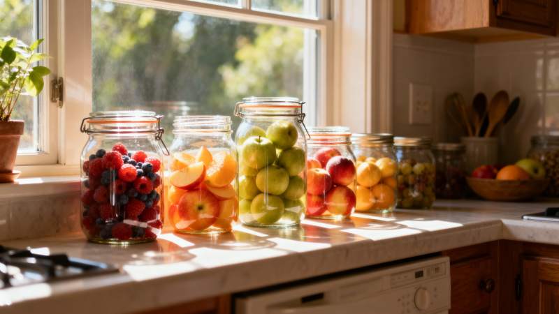 阳光下的水果罐头图片