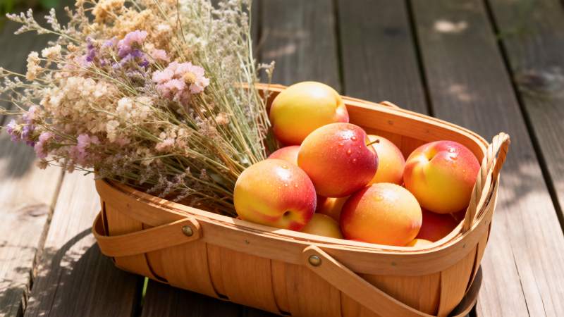 篮中桃果与干花图片