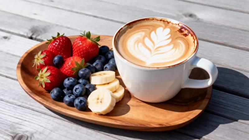 咖啡与水果拼盘图片