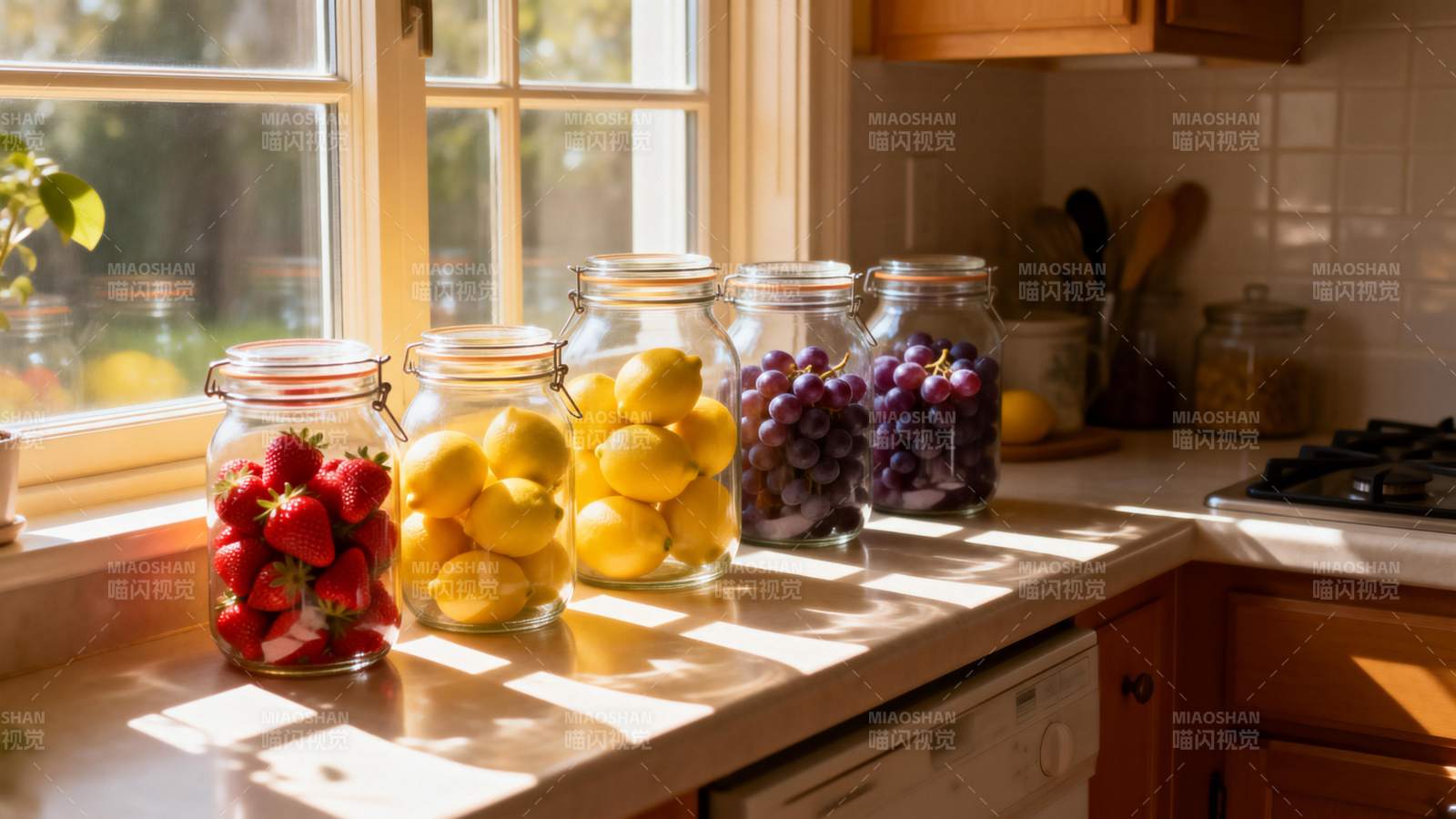 阳光下的水果罐头图片