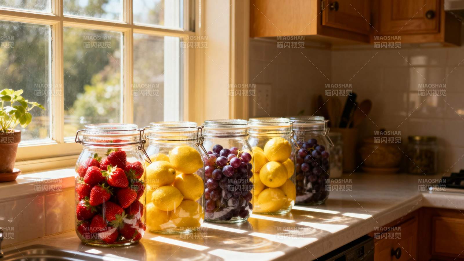阳光下的水果罐头图片