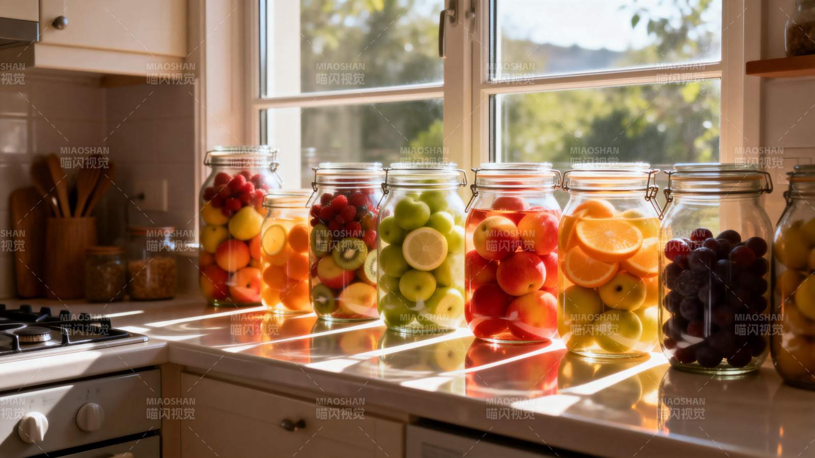 阳光下的水果罐头图片