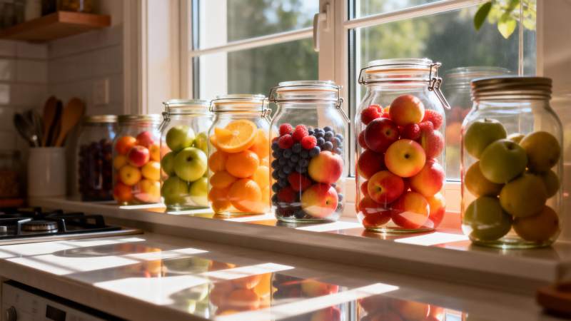 阳光下的水果罐头图片