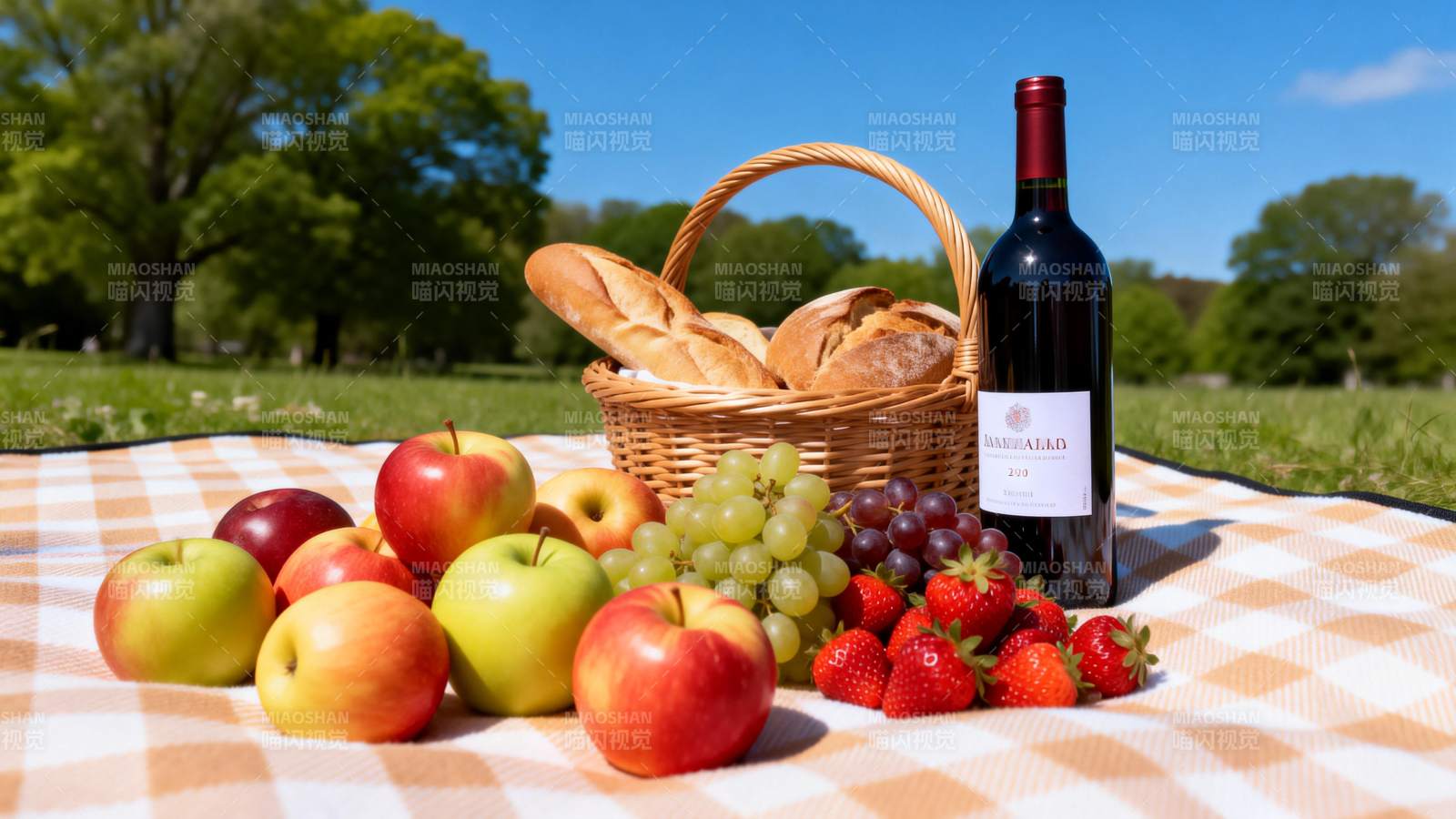 野餐果篮与红酒图片