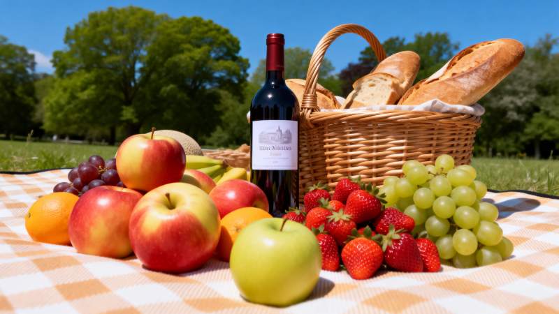 野餐果篮与红酒图片