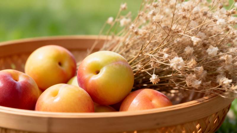 篮中桃果伴干花图片