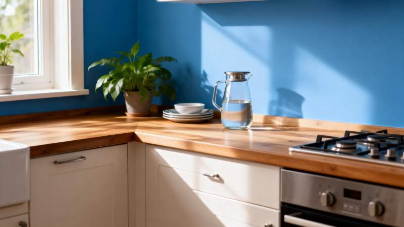 蓝墙木柜厨房一角图片