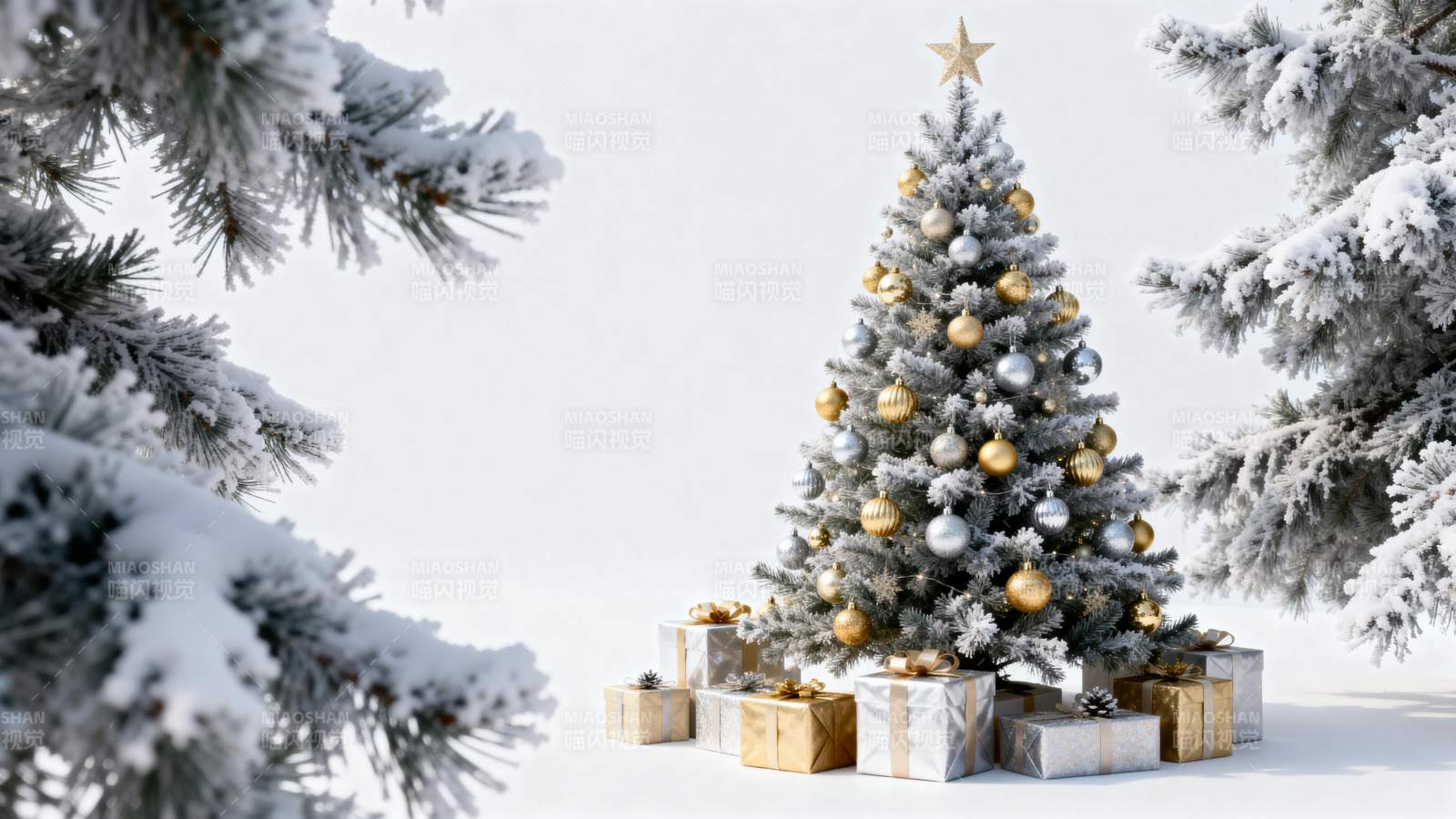 雪中圣诞树与礼物图片