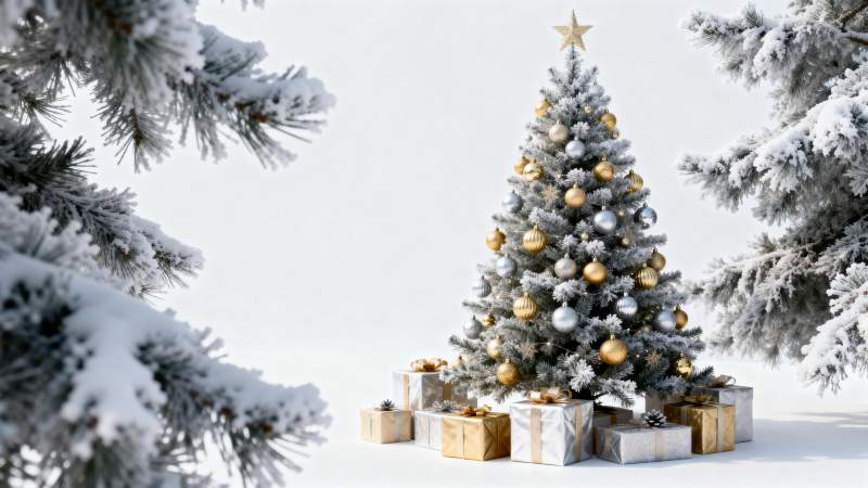 雪中圣诞树与礼物图片