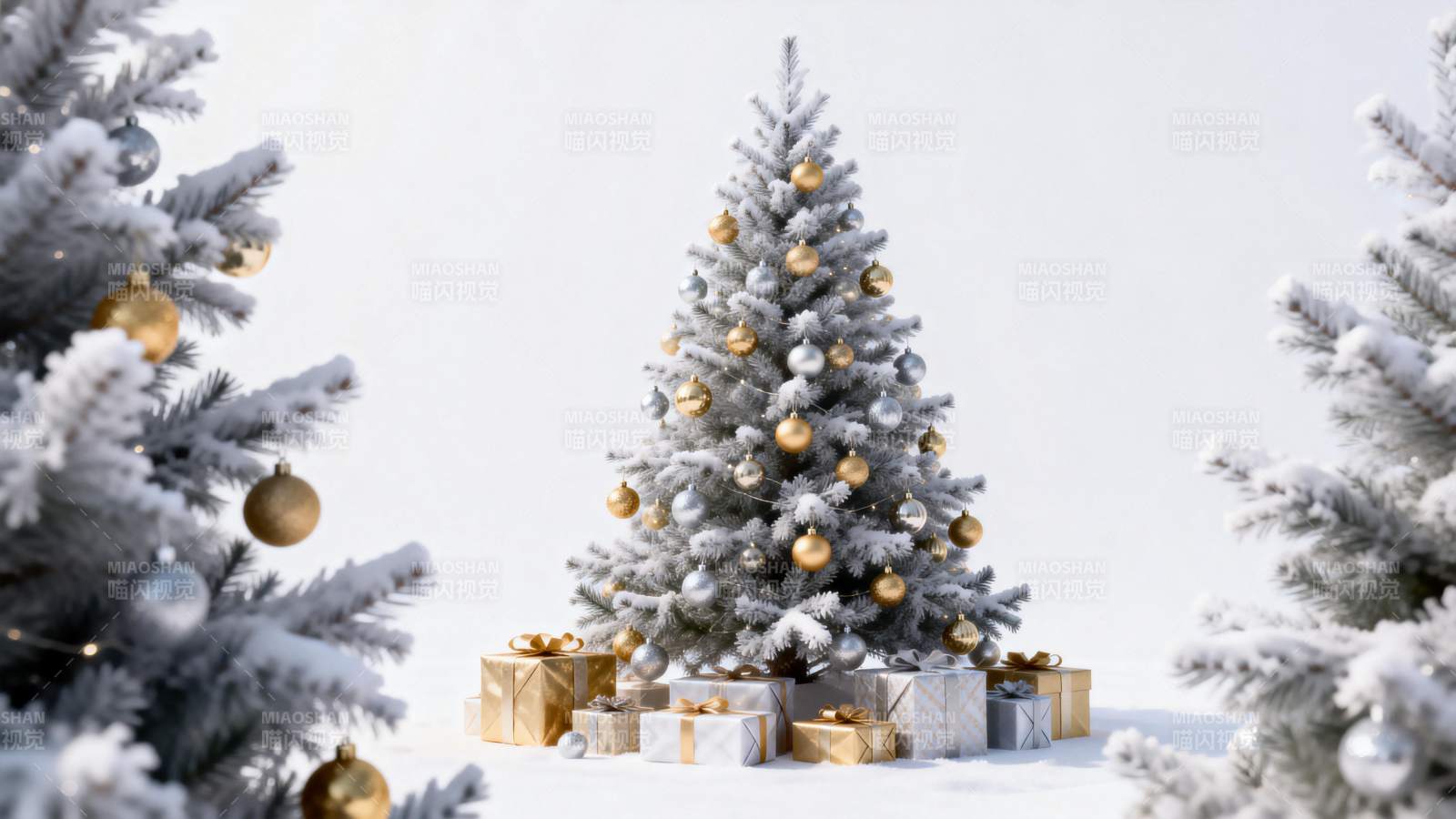 雪中圣诞树与礼物图片