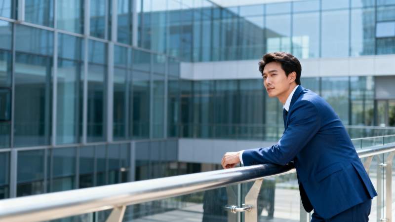 商务精英倚栏远眺图片