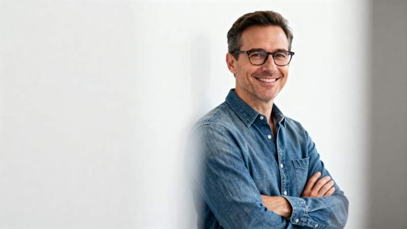 微笑男子靠墙而立图片