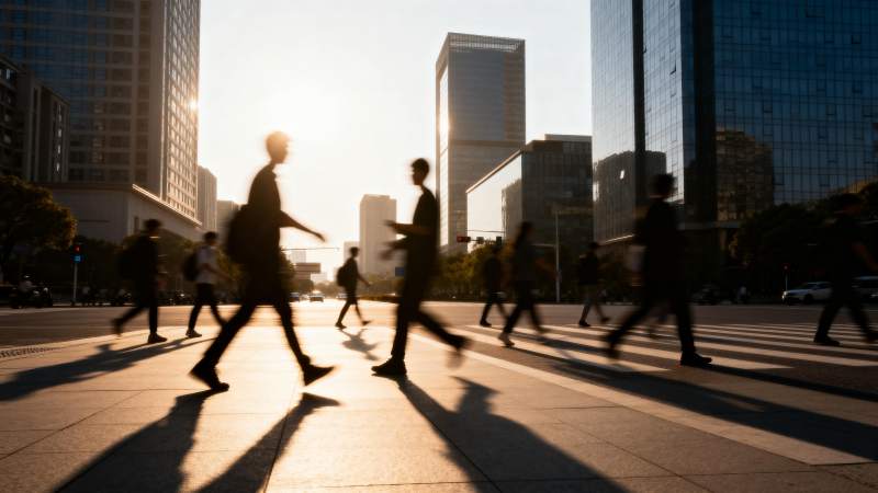 都市晨光行人影图片