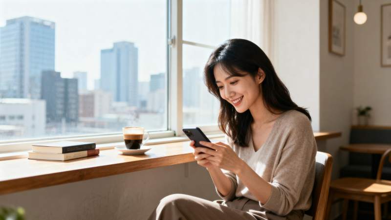 窗边微笑看手机图片