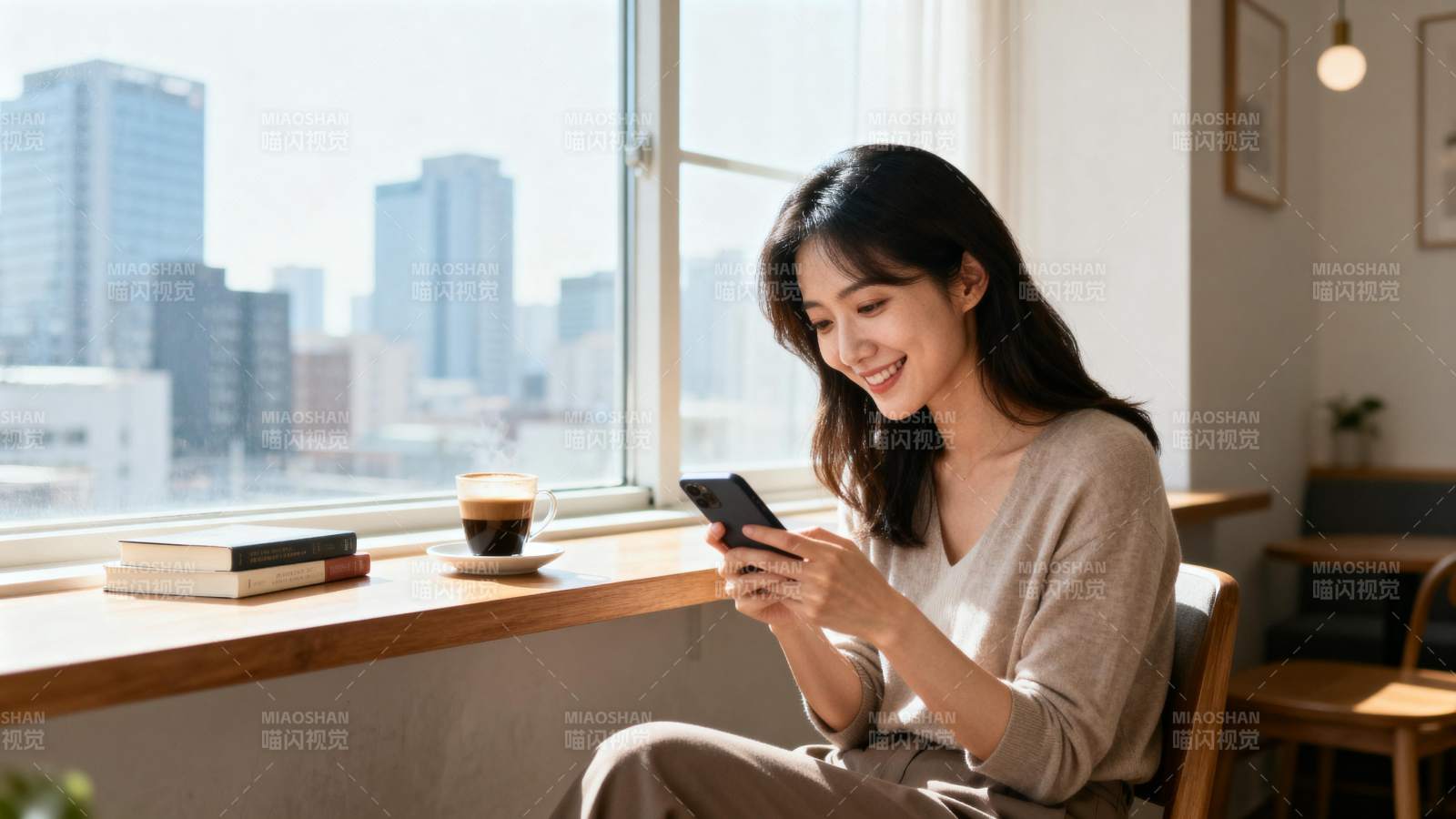 窗边微笑看手机图片