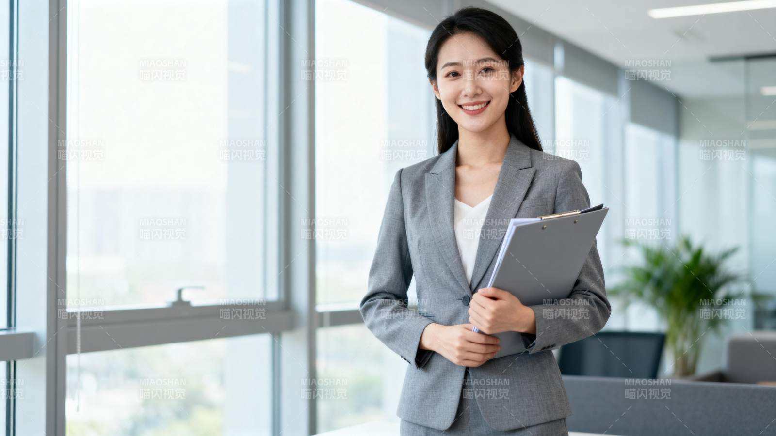 职场女性微笑持文件图片