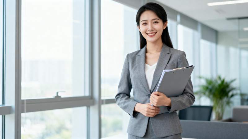 职场女性微笑持文件图片