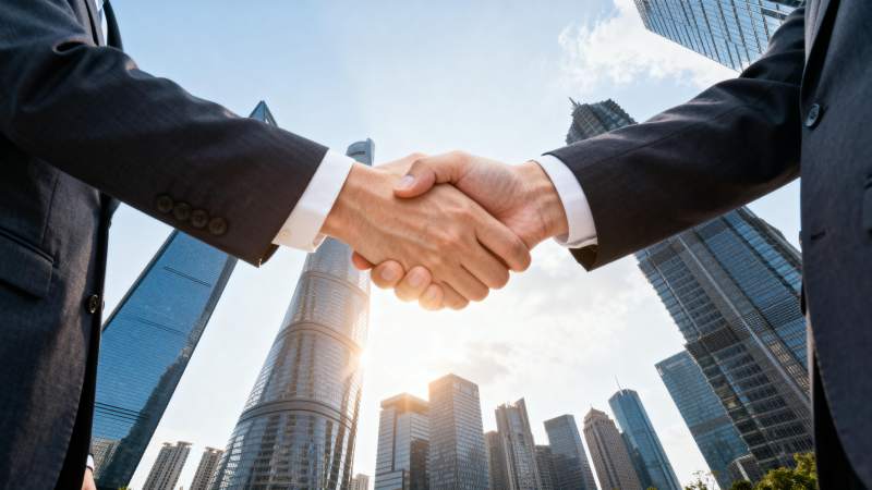商务握手 城市背景图片