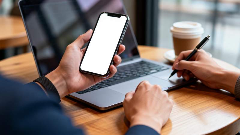 办公桌前手机与笔记本图片