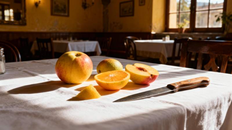 阳光下的水果与刀图片