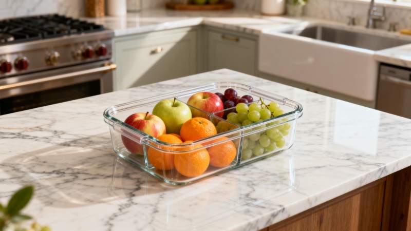 水果盒置于大理石台面图片