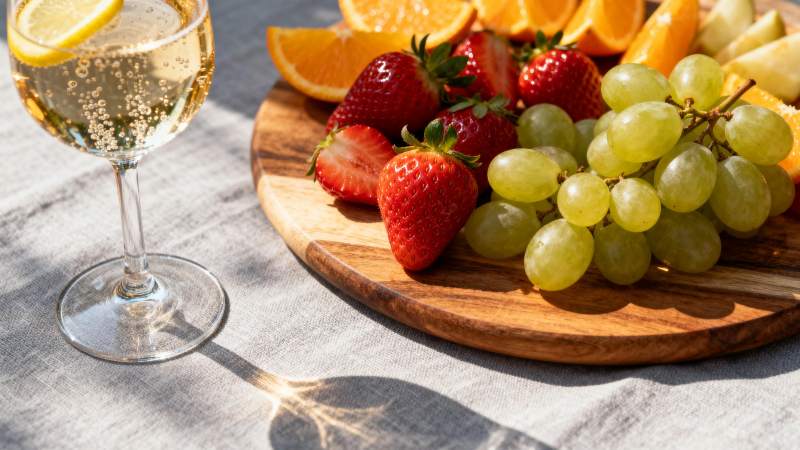 水果拼盘与香槟图片