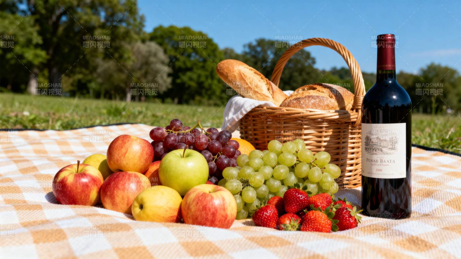 野餐果篮与红酒图片
