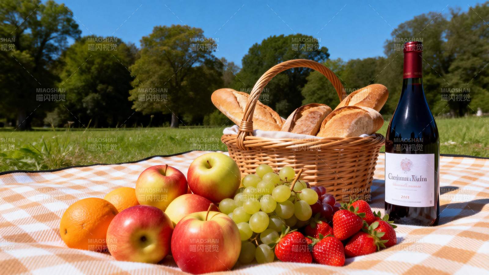 野餐果篮与红酒图片