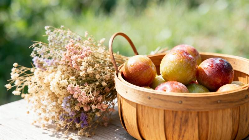 篮中苹果伴干花图片