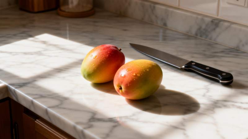 芒果与刀具静置台面图片