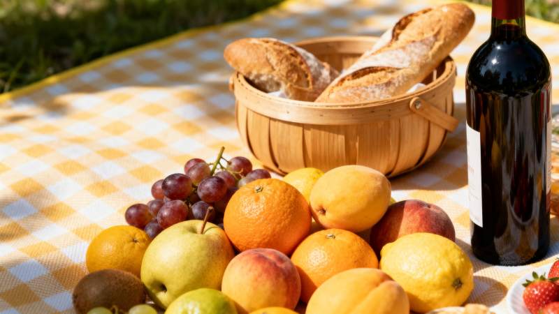 野餐果篮与红酒图片