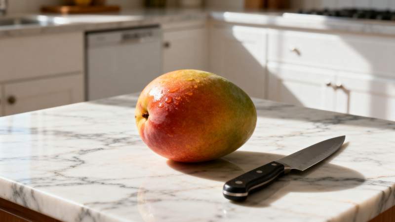 芒果与刀具静置台面图片