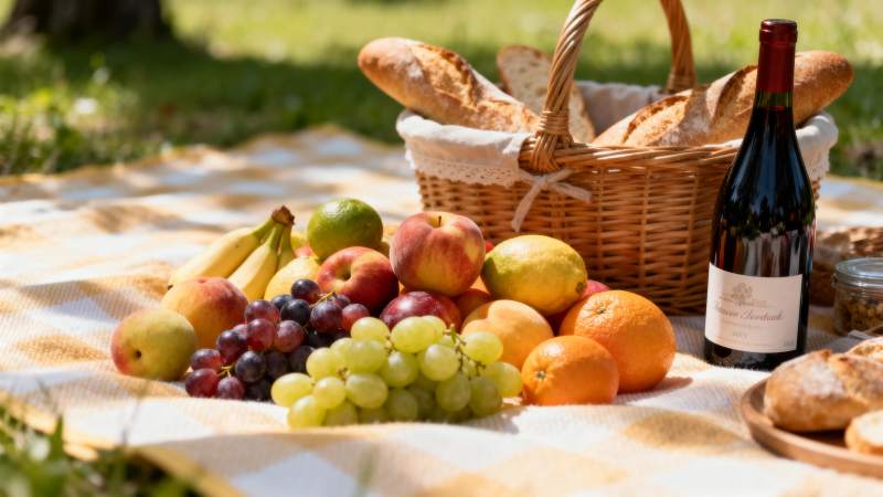 野餐果篮与红酒图片