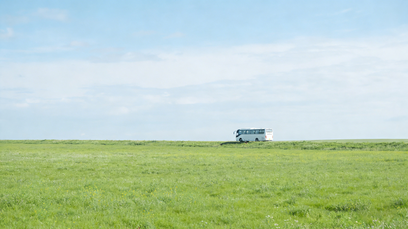 草原上的白色巴士图片