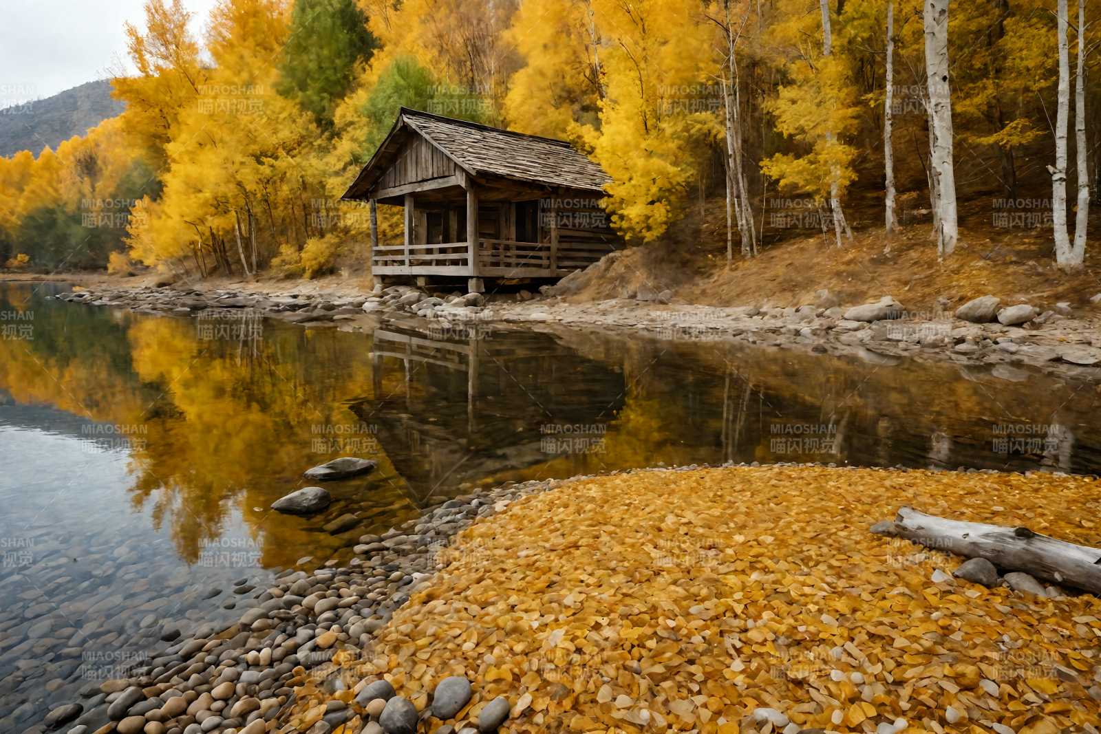 秋湖木屋静谧景图片