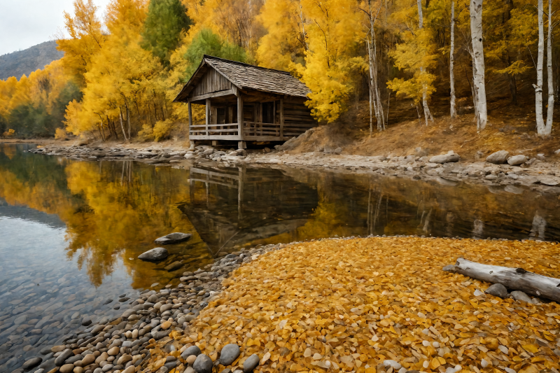 秋湖木屋静谧景图片