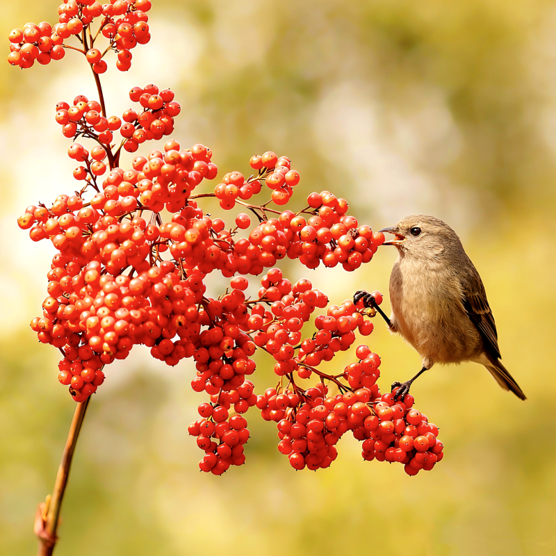 小鸟啄食红果图片
