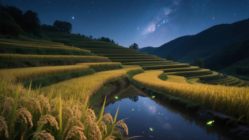星空下的梯田夜景图片