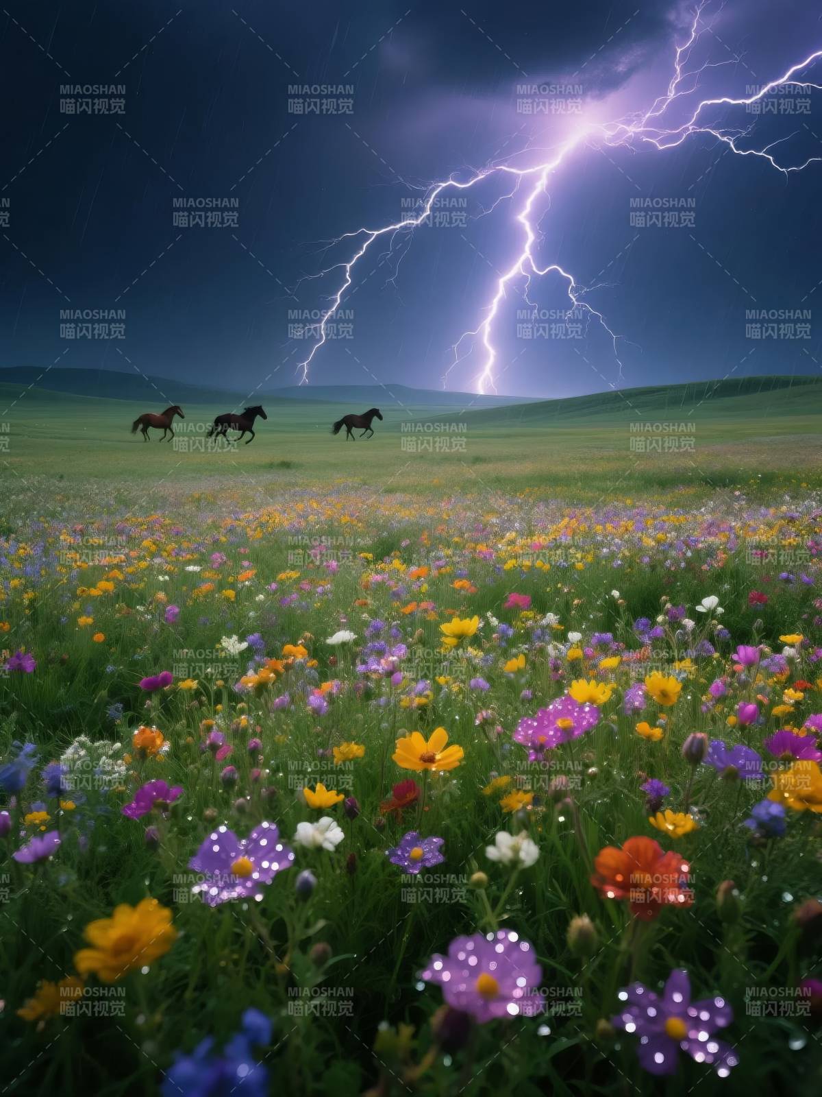 雷电下的花海奔马图片