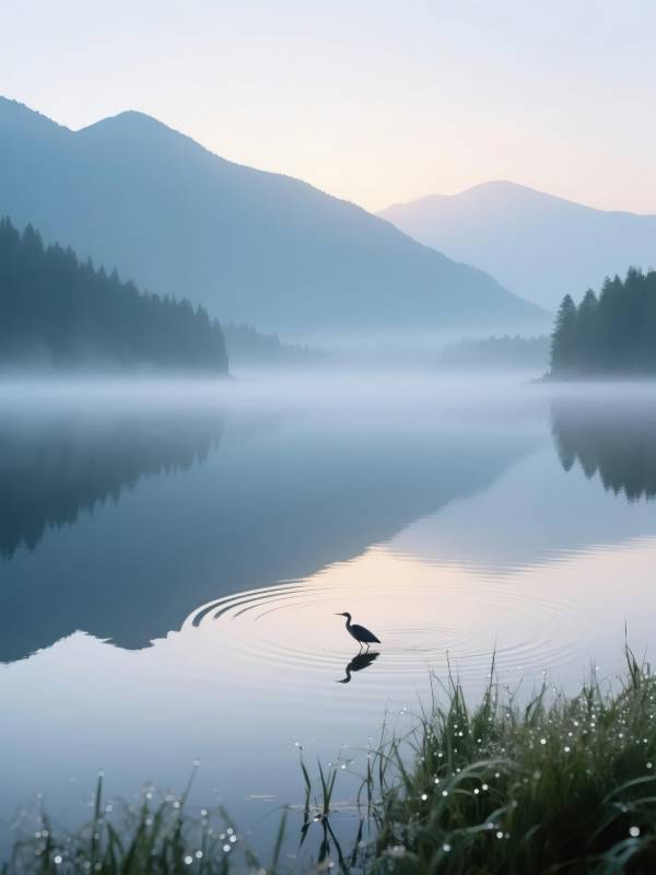 晨雾湖鹭图片