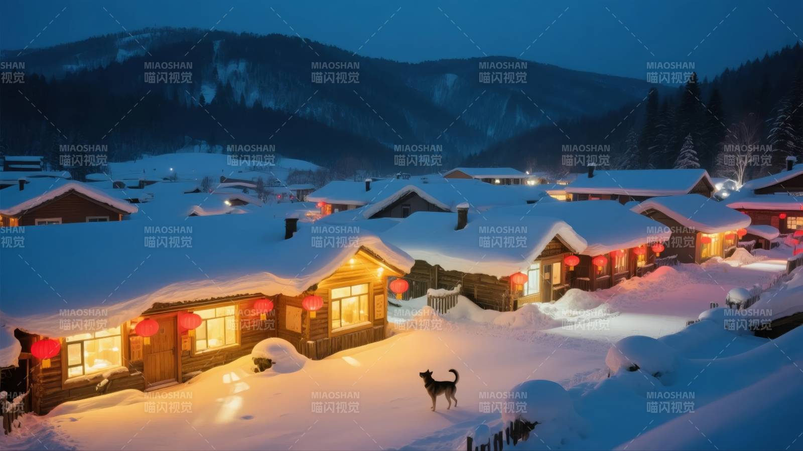 雪夜山村灯火暖图片