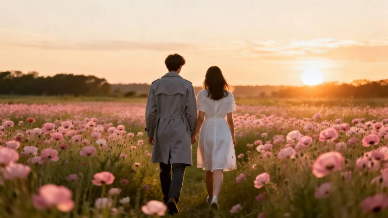 花海夕阳共行图片