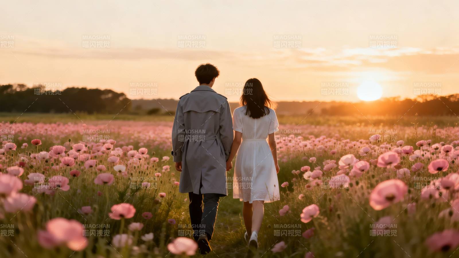 花海夕阳共行图片