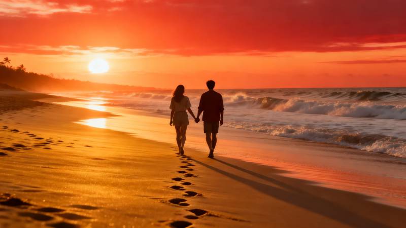 夕阳海滩情侣行图片