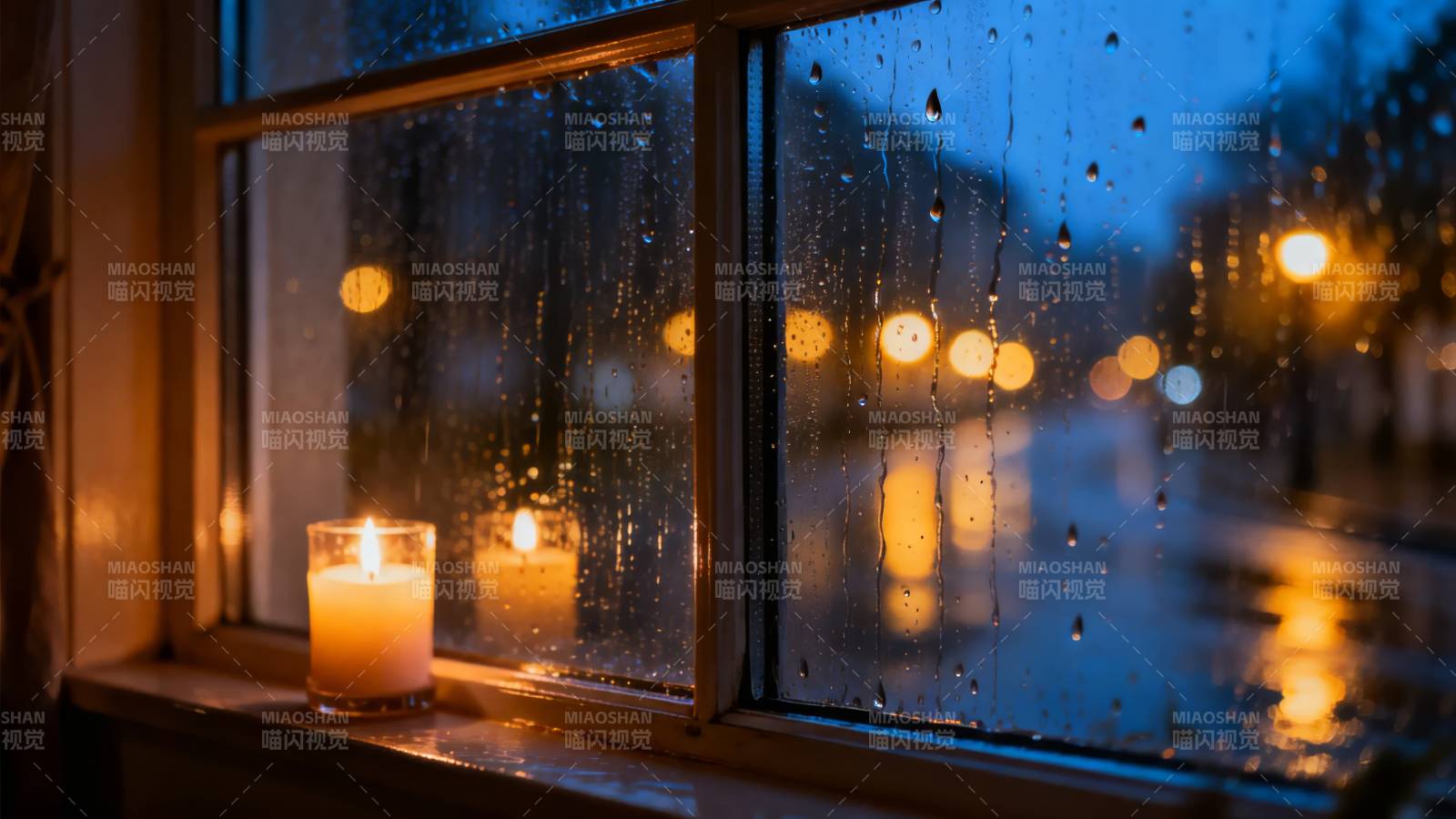 雨夜烛光窗景图片