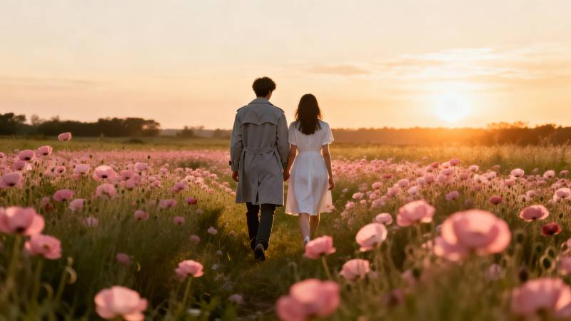 夕阳花海共行图片