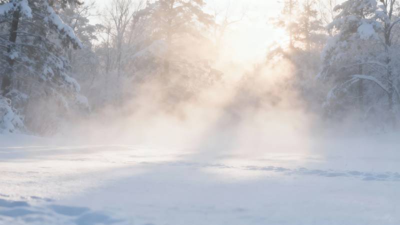 雪雾晨光图片