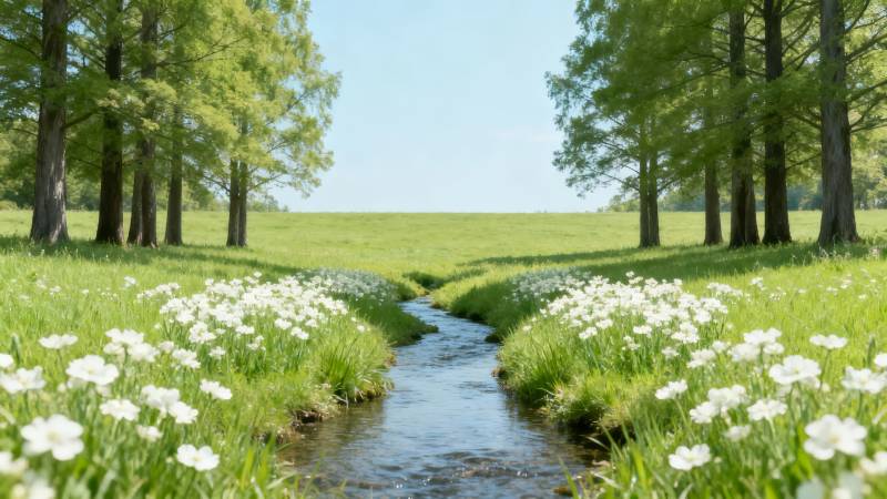 溪畔花海春意浓图片